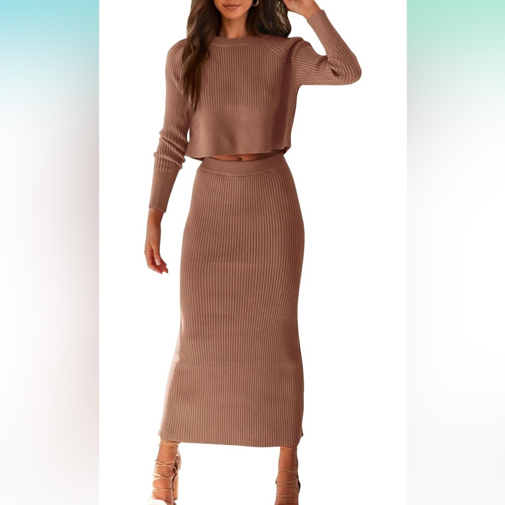 Amazon 2 Piece Sweater Set Rib Knit Long Sleeve Crop Top Maxi Bodycon Skirt